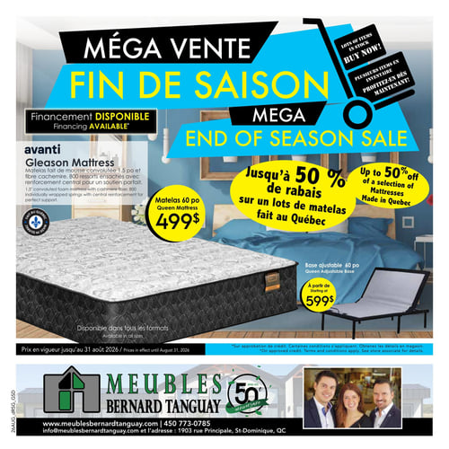 Circulaire Meubles Bernard Tanguay - Méga vente fin de saison - Page 1